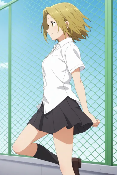 masterpiece, best quality, amazing quality, highres, absurdres, very aesthetic, high resolution, ultra detailed, perfect details, 1girl, solo, outdoors, school, rooftop, chain-link fence, yoshikawa yuki, blonde hair, short hair, curtained hair, yellow eyes...