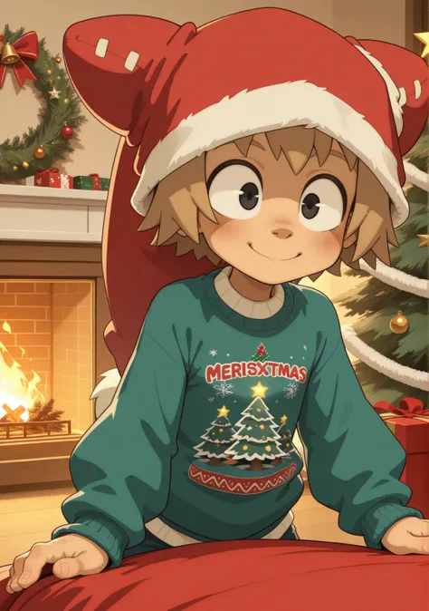 masterpiece,best quality,amazing quality, solo, 1boy,  <lora:IlluYugo:1> illuyugo, black eyes, blonde hair, santa hat, christmas sweater, christmas tree, smile, green sweater, red hat