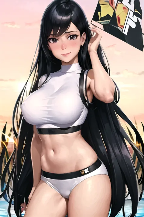 masterpiece, best quality, highres, 1girl, solo, black hair, long hair, brown eyes, brown_eyes, browneyes, breast, big breasts, upper body, crop top, black crop top, Cosuki