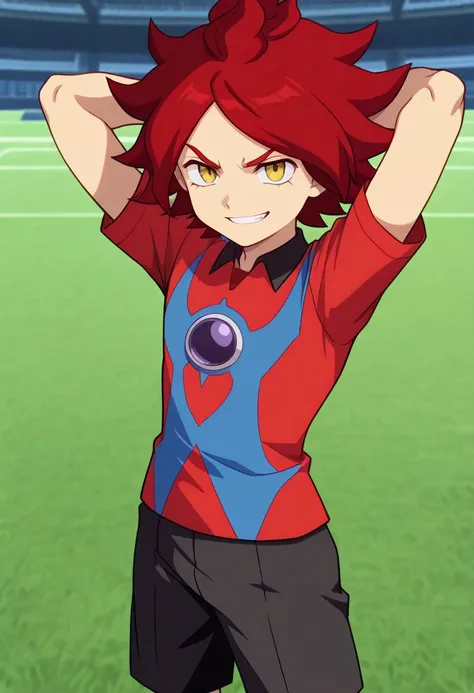 masterpiece, best quality, 
nagumo, 1boy, male focus, solo, yellow eyes, red hair, spiked hair, sportwear, soccer uniform, the chaos soccer uniform, shirt, multicolored shirt, red and blue shirt, short sleeves, shorts, black shorts, hands behind head, grin...