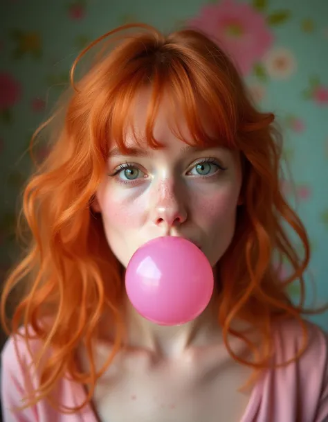 Face Doe <lora:face-doe-flux:1> Camera facing ginger girl blowing bubble gum pink bubble. Retro 80s style. Sad eyes. Ezra Petronio style