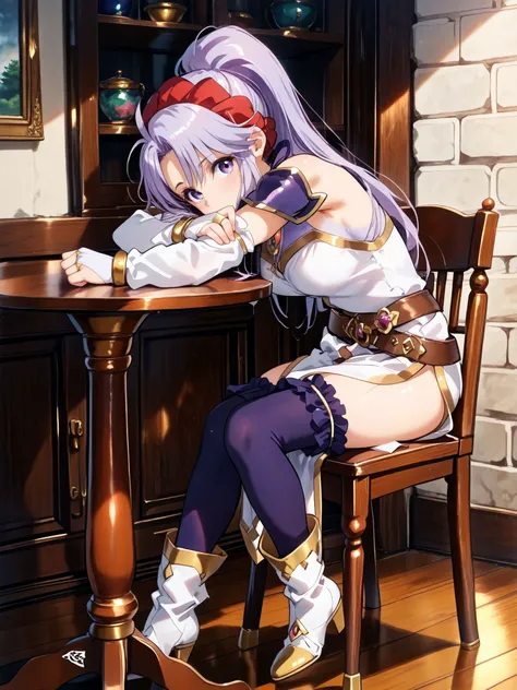 masterpiece,best_quality,1girl,solo,<lora:tailtiu feh 3outfits_illustriousXL:0.8>,tailtiu feh,shoulder armor,white bridal gauntlets,jewelry,purple dress,belt,side slit,purple thighhighs,white boots,full body,sitting,on chair,face on table,looking at viewer...