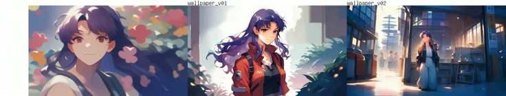 , score_9, score_8_up, score_7_up, score_6_up, 1girl, katsuragi-misato, solo, pastel-colors, watercolor, vibrant, purple-theme, dark-theme, source_anime, wallpaper, wallpaper-kai