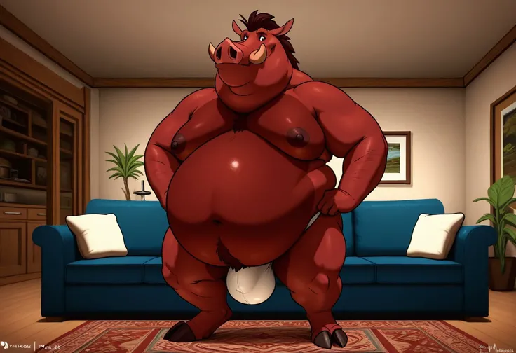 Expressiveh, 2d, anthro, mature male, swine, warthog, pumbaa, red skin, obese, double chin, flabby arms, moobs, big belly, belly overhang, fat legs, standing, wearing a white jockstrap, living room, indoors, hands on hips, solo, front view, full body view,...