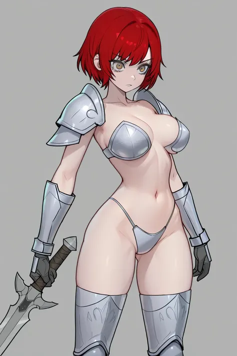 masterpiece, best quality, amazing quality,
 <lora:GMS_IL:1> gms, 1girl, solo, breasts, bikini armor, armor, short hair, red hair, weapon, grey background, navel, gloves, shoulder armor