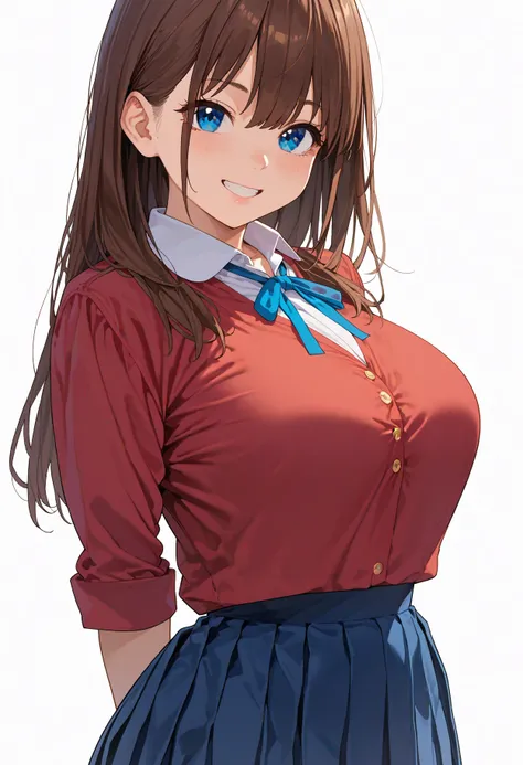 score_9,score_8_up,score_7_up, zonda, 1girl, bangs, blue eyes, brown hair, brunette, comic, full color, big breasts, (thick thighs:0.6), slim waist, standing, cute pose, hands behind back, smiling, hair, looking at viewer, school uniform, simple background...