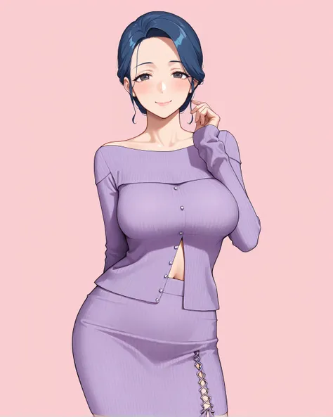 perfect quality, best quality, masterpiece, 1girl, solo, simple background, pink background,
standing, cowboy shot, facing viewer, contrapposto,
smile, blue hair, blue eyes, mature female, large breasts,
purple sweater, purple skirt,  <lora:twopiece10-illu...