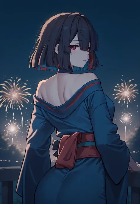 anime, masterpiece, best quality, from behind, solo, 1girl, xu3yi, expressionless, looking back, short hair, colored inner hair, black hair, red hair, blue hair, hair between eyes, red eyes, japanese clothes, blue kimono, off shoulder, red sash, bare shoul...