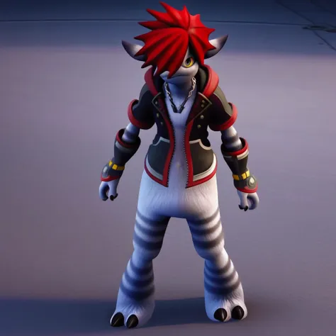 Sora, KH3 Sora, KH3 Monster Sora, Furry Male, Furry, Tail, Animal Ears, Jacket, Hair Over One Eye, Red Hair, Open Clothes, Bottomless, Solo, Male Focus, 1boy, Necklace, Jewelry, Chain Necklace, Full Body