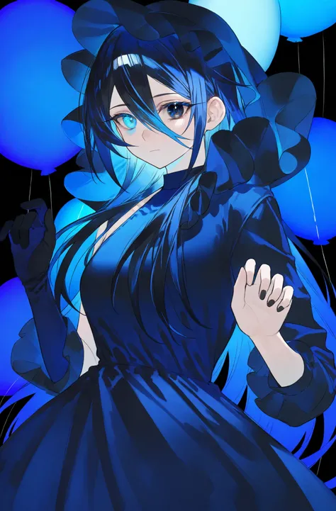 masterpiece, best quality, #zumizumi, 1girl, solo, dress, heterochromia, blue eyes, long hair, black dress, blue hair, hair between eyes, gloves, blue theme, closed mouth, single glove, balloon, long sleeves, hands up, black hair, holding, looking at viewe...