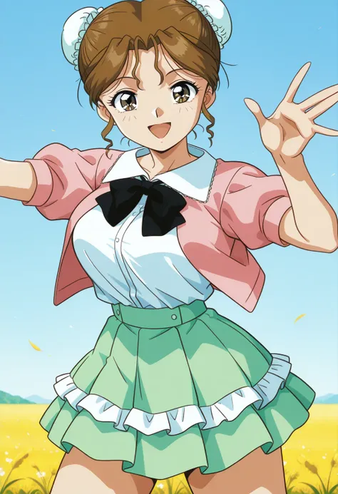 sr5_akira, retro artstyle, brown eyes, brown hair, bun cover, black bowtie, pink jacket, white shirt, short sleeves, green skirt, frills skirt, <lora:SR5_akira_illustrious_ver1:0.8> 
smile, open mouth,, masterpiece, best quality, sensitive,, 1girl, solo, (...