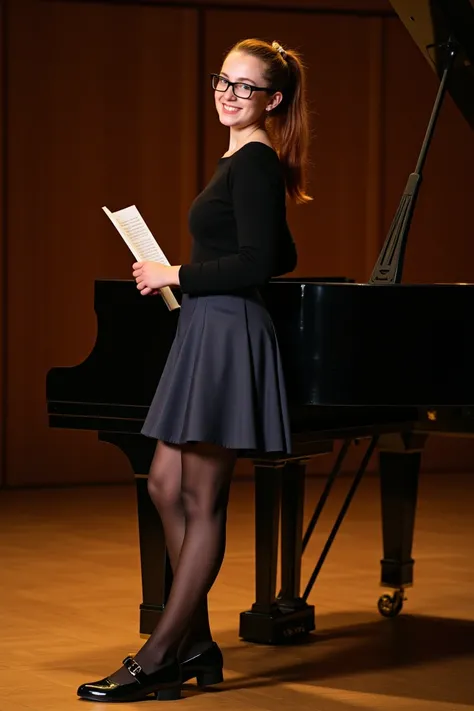 full-body portrait photograph of a 20 year old woman with glasses. She has copper hair in a ponytail, her skin has freckles and natural imperfections.  She is wearing a black top and a darkslateblue skirt, black tights and black patent Mary Jane shoes. She...