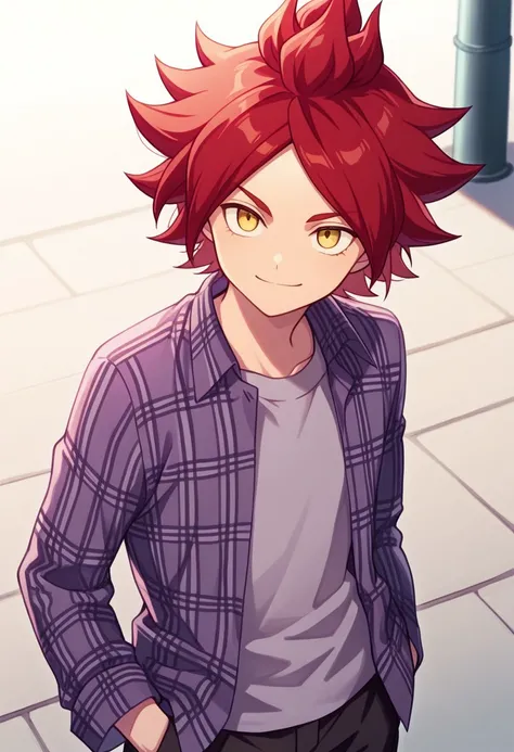 masterpiece, best quality, 
nagumo, 1boy, male focus, solo, yellow eyes, red hair, spiked hair, shirt, t-shirt, purple shirt, collared shirt, grey shirt, plaid shirt, open shirt, open clothes, long sleeves, smile
outdoor,