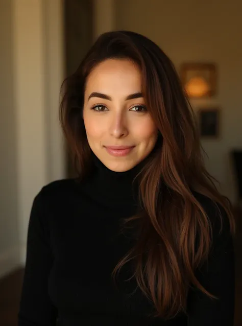 portrait of b34tr1zc0rb3tt woman, on a office, serene and warm, natural lighting, soft focus, high-resolution, elegant and introspective atmosphere, quiet sophistication, wearing a turtleneck yarn blouse, serious

