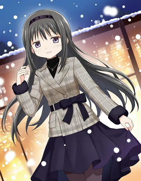 masterpiece, best quality, newest, absurdres, highres, safe, 1girl, akemi homura (winter costume), magia record: mahou shoujo madoka magica gaiden, smile, solo, snowing, outdoors, dutch angle, <lora:20241226152250_akemi_homura_noobaiXLNAIXL_vPred10Version:...