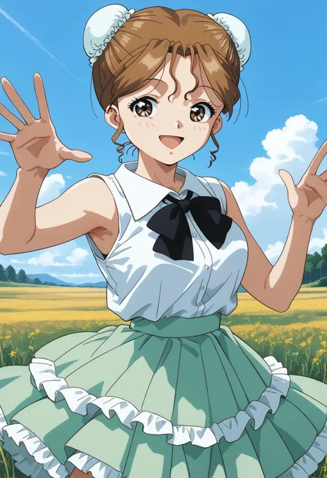 sr5_akira, retro artstyle, brown eyes, brown hair, short hair, bun cover, black bowtie, collared shirt, white shirt, sleeveless, green skirt, frills skirt,<lora:SR5_akira_pony_ver1:0.8> 
smile,, 1girl, solo, (field:1.2), (blue sky:1.2), looking at viewer,,...