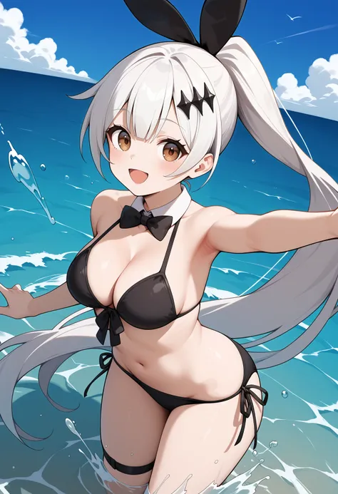 score_9, score_8_up, score_7_up, score_6_up, score_5_up, score_4_up, source_anime, aafs, long hair, white hair, ponytail, hair ribbon, hair ornament, brown eyes, medium breasts, detached collar, black bowtie, cleavage, front-tie bikini top, black bikini, b...