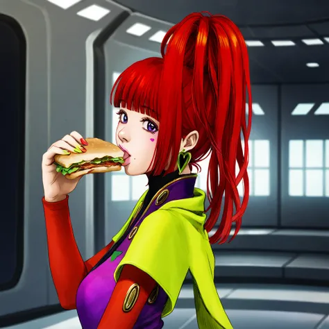 best quality, masterpiece, official artwork, (realistic:0.35), 1girl, solo, sq,  red hair, jewelry, earrings, purple eyes, lips, nail polish, makeup, long hair, ponytail, spaceship room, eating sandwich