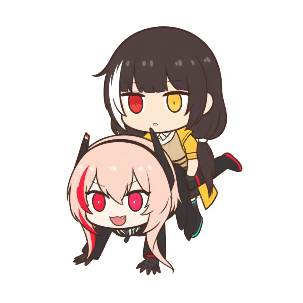 2girls, ro635 (girls frontline), heterochromia, yellow eyes, m4 sopmod ii (girls frontline), red eyes, girls frontline, chibi,
wheelbarrow position, hugging anothers leg, looking ahead, 
duo, full body, simple background, white background,
masterpice, best...