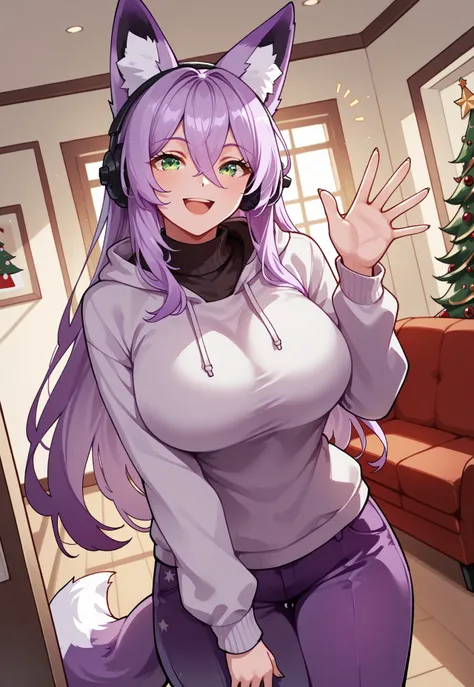 masterpiece, best quality, Morgan_OC, foxgirl, fox ears, fox tail, dynamic pose, dynamic angle, smile, waving, Christmas, purple pants