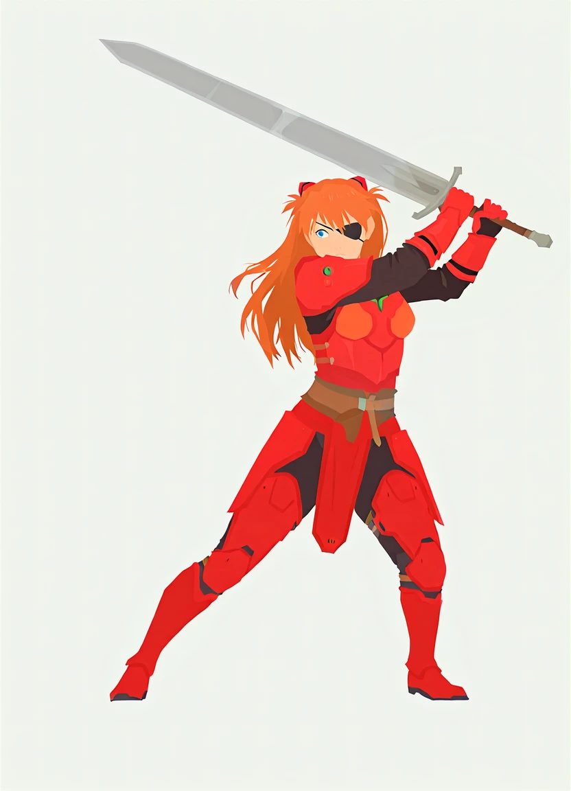 <lora:SketchGoblin:1> sketchgoblin,  asuka langley soryu, fighter, human, full body, armor, 1girl, solo, close up, medieval, greatsword, fighting stance, eyepatch, holding, masterpiece, best quality, amazing quality, very aesthetic, absurdres