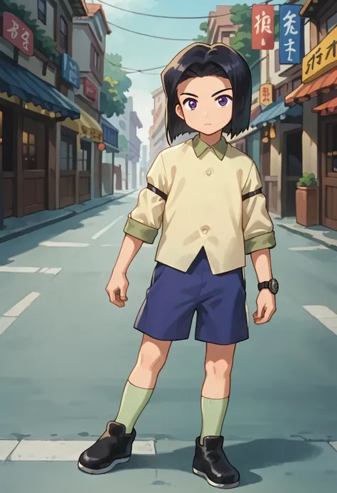 score_9, score_8_up, score_7_up, score_6_up, highly detailed,Good Colors, Good Shading, Good Eyes, Contrast Shading, alone, Kouji, 1boy, male_focus, black long hair, purple eyes, beige shirt, blue shorts, light green socks, black shoes, watch, japanese str...