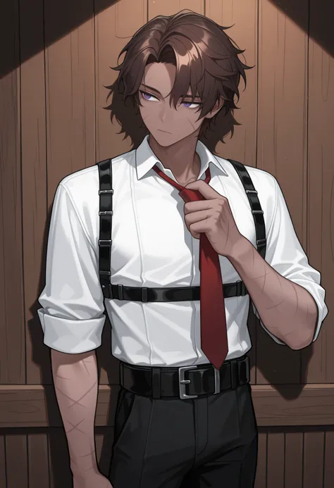 masterpiece, best quality, male focus, solo, 1boy, htclf, dark-skinned male, scar on face, scar on cheek, scar on arm, scar on hand, expressionless, looking to the side, standing, adjusting necktie, short hair, brown hair, purple eyes, white shirt, collare...
