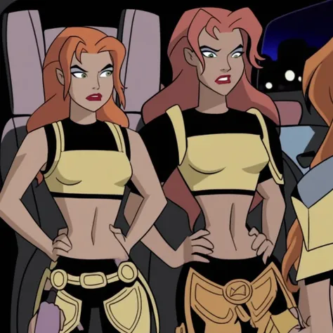 makeup, long hair, hands on hips, hawkgirl, orange hair, armor, multiple girls, car interior, night, crop top