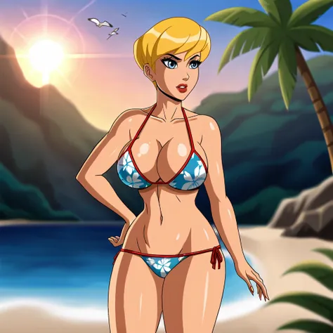 <lora:powergirlpublicenemies_pony_v1:.65> PowerGirlPublicEnemies, 1girl, blonde hair, large breasts, short hair, blue eyes, lipstick, makeup, lips,dark skin, cowboy shot,, wearing a bikini, wearing a floral pattern skirt, at a tropical beach, (sunlight), p...