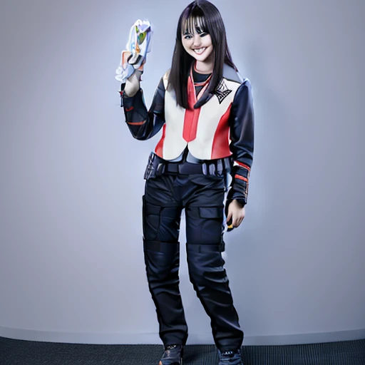 uniform, 1boy, 1girl, energy gun, black eyes, full body, black pants, holding gun, gun, Logo, black footwear, holding weapon, smile