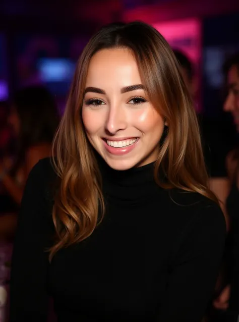 Portrait photo of b34tr1zc0rb3tt woman, black turtleneck blouse, in a night club, makeup, smile

