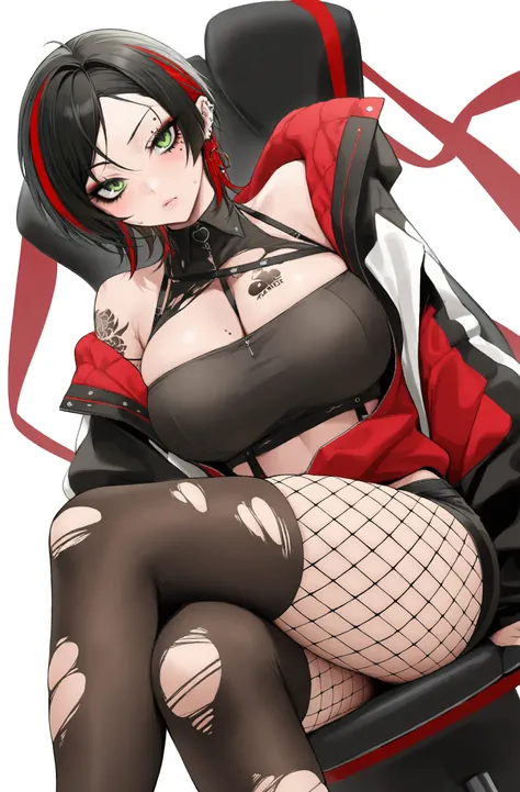 masterpiece, best quality, unkoohi3shi, 1girl, breasts, fishnets, black hair, solo, thighhighs, short hair, tattoo, multicolored hair, large breasts, jacket, piercing, looking at viewer, red hair, pantyhose, fishnet pantyhose, sitting, white background, bl...