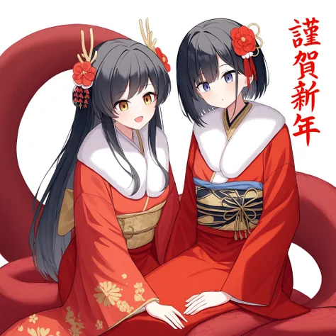 2girls, simple background, black hair, hair ornament, long sleeves, white background, sitting, japanese clothes, wide sleeves, kimono, official alternate costume, new year, happy new year, red kimono, kingashinnen, nengajou, zodiac, chinese_zodiac, zodiac,...