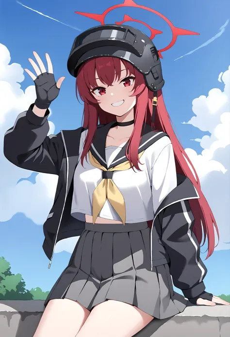 score_9, score_8_up, score_7_up, source_anime, komakaze7rabu, halo, bangs, 1girl, solo, long hair, red eyes, red hair, black gloves, yellow neckerchief, pleated skirt, school uniform, fingerless gloves, jacket, neckerchief, long sleeves, military helmet, s...