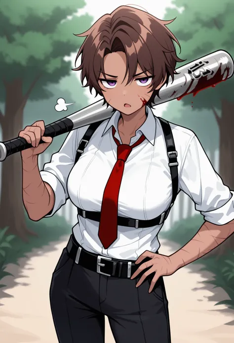 masterpiece, best quality, genderswap (mtf), solo, 1girl, htclf, dark-skinned female, scar on face, scar on cheek, scar on arm, scar on hand, blood, blood on face, blood on clothes, unamused, open mouth, sigh, puff of air, looking at viewer, standing, hold...