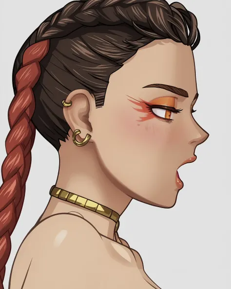 loba (apex_legends) score_9, score_8_up, score_7_up, source_anime, <lora:sdt-hair1:1>, sdchan, 1girl, from side:1.2, mouth open, neutral lighting, white background, upper body, close up, breasts,  anime coloring, female focus, detailed hair <lora:anime_scr...