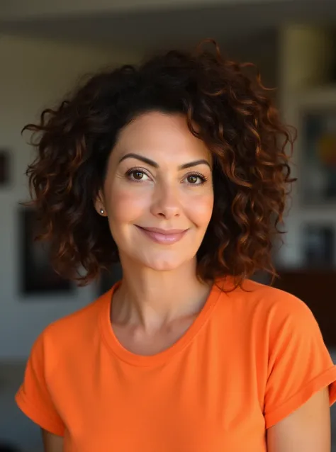 RAW photo of f4b1ul4n4sc woman, wearing a orange tshirt, in a living room, detailed face, natural lighting, highly detailed, absurdres, smile happy

