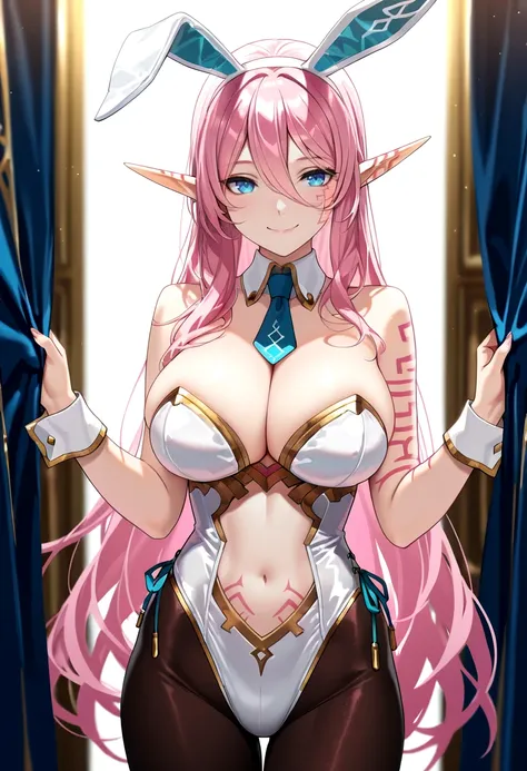 masterpiece, best quality, 1girl, solo, pink hair, blue eyes, elf, pointy ears, facial tattoo,  tattoos, cowboy shot, slim waist,  large breasts, smile,   very long hair,   hair between eyes,     <lora:myuria-initium-test1-000017:1>,  mature female, arm ta...