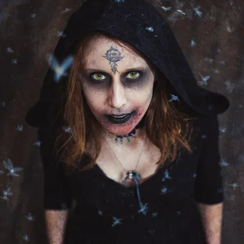 photograph of Daniela Dimitrescu surrounded by a swarm of flies, she has yellow eyes, ruined make up, tattoo on forehead, red hair, she is wearing a hooded Gothic dress, in a heroic shot midst alot of flies. on a movie production set. she is looking at the...