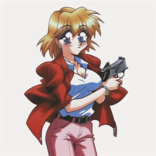 Milly_Feria_Nocturne, young girl, Shoko Yoshinaka style, red jacket, weapon, blonde, 1girl, handgun, cowboy shot, 20yo, blue eyes, belt, white background, white background at right, white blouse, jewelry, earrings, looking at viewer, open jacket, retro art...