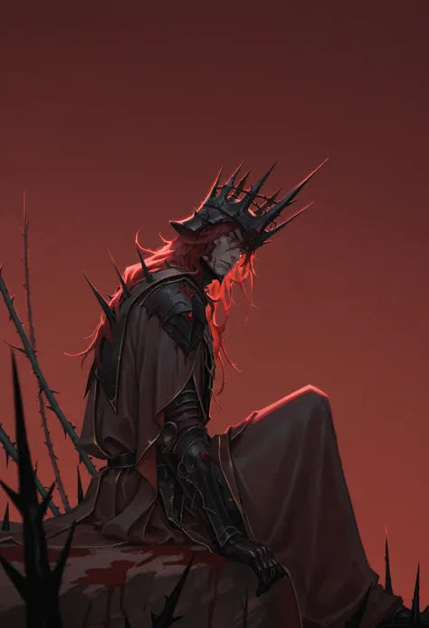 <lora:ToonFusionILXL:0.9> t00nfus1on,
1boy, long hair, male focus, solo, crown, helmet, red eyes, red sky, sky, armor, outdoors, red hair, thorns, robe, looking at viewer, sitting, red theme, blood, from side, masterpiece, best quality, amazing quality, in...