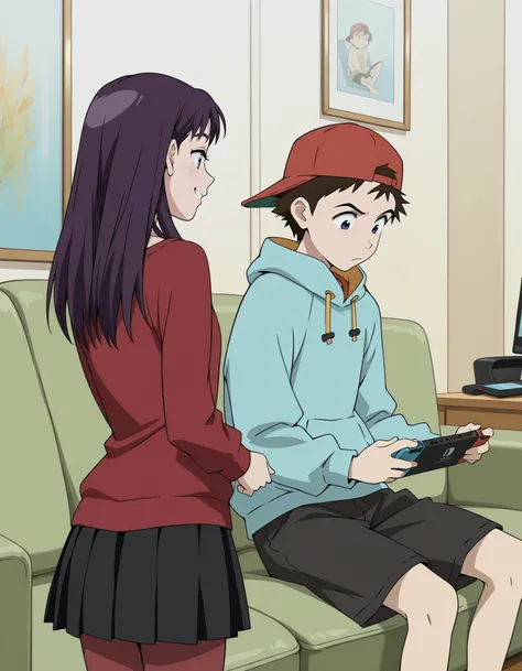 <lora:flcl-v4-illustrious:0.8> 1girl, 1boy, sitting, couch, living room, painting, masterpiece, best quality
1girl, 1boy, ninamori, long hair, red shirt, miniskirt, black skirt, red pantyhose, grin, looking at another
1girl, 1boy, naota, backwards cap, red...