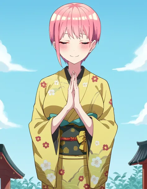 score_9, score_8_up, score_7_up, source_anime, <lora:ichika-nakano-s2-ponyxl-lora-nochekaiser:1>, ichika nakano, short hair, bangs, pink hair, pixie cut, large breasts, <lora:shrine-praying-ponyxl-lora-nochekaiser:1>, praying, japanese clothes, kimono, new...