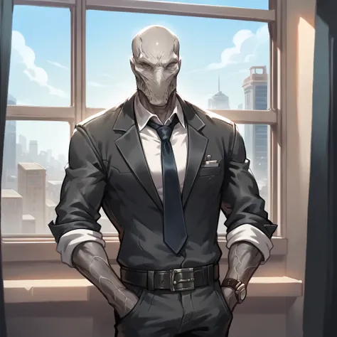 <lora:Walrider_from_Outlast-000009:1>,
score_9, score_8_up, score_7_up, score_6_up,
walrider, humanoid, male focus, black and grey skin, bald,
office, hands in pockets, suit, necktie, watch, facing viewer, 1boy, solo, belt, sleeves rolled up, caustics, cit...