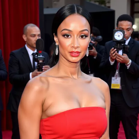 <lora:Draya_Michele_Flux:1> Draya wearing a sleek, strapless red gown with a thigh-high slit and a fitted silhouette that hugs her curves. The dress features subtle ruching on the bodice for added texture. Her jet-black hair is styled in a sleek, straight ...