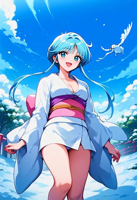 score_9, score_8_up, score_7_up,source_anime, 1girl, yukime, short hair with long locks, white kimono, short kimono, cleavage, obi, bare feet, zouri, cowboyshot, flying, snowy, snow, sky, smile, open mouth, looking at viewer, <lora:yukime_pony-000011:1>