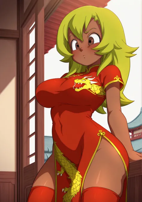 masterpiece,best quality,amazing quality, 1girl, solo, large breasts, <lora:IlluRom:0.8> romstyle, <lora:IlluAmalia:1> illuamalia, dark-skinned female, brown eyes, green hair, long hair, red china dress, side slit, red thighhighs, gold trim, dragon print, ...