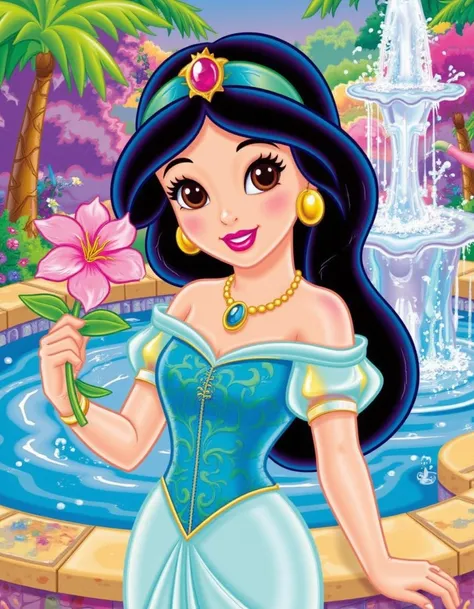 l1sa-f, princess-jasmine, wearing her usual outfit, she is holding a flower by a water fountain, brown eyes, without watermarks  <lora:l1sa-f-lisa-frank-64:1.3> <lora:jasmine-fixed-64:1.4>