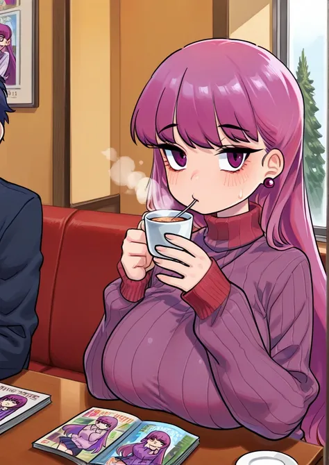 <lora:Ohbunti_r1:1.2>,1boy, 1girl, kotozume yukari, huge breasts, , booth seating, couple, drinking, earrings, hetero, indoors, jewelry, long hair, long sleeves, looking at viewer, manga (object), menu, pov across table, purple eyes, purple hair, purple sw...