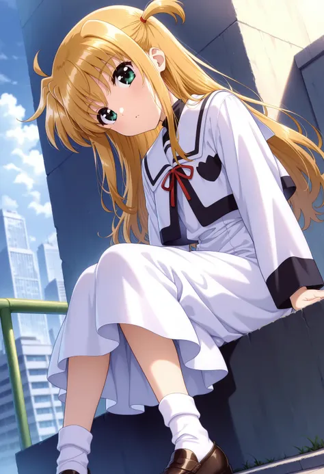 masterpiece, absurdres, highres, 1girl, c-arisa, long hair, green eyes, blonde hair, one side up, white dress, sailor collar, red neck ribbon, long sleeves, outdoors, city, depth of field, head tilt, dutch angle, sitting, white socks, loafers, 